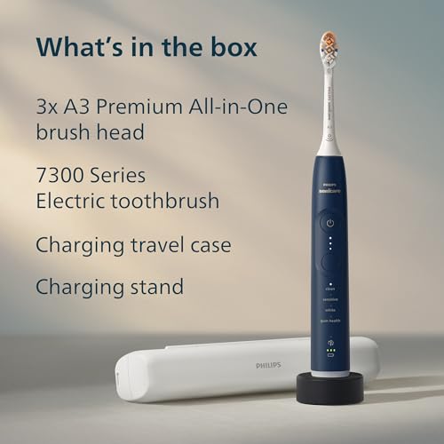 Philips Sonicare 7300 Series Electric Toothbrush - Next-Generation Sonicare Technology, Pressure Sensor, 12 Brushing Settings, SmarTimer, 21-Day Runtime, Travel Case, Navy Blue, HX7423/05