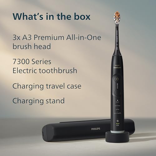 Philips Sonicare 7300 Series Electric Toothbrush - Next-Generation Sonicare Technology, Pressure Sensor, 12 Brushing Settings, SmarTimer, BrushPacer, 21-Day Runtime, Travel Case, Black, HX7421/07