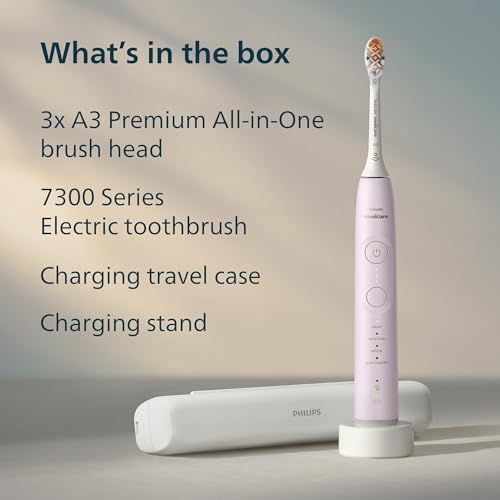 Philips Sonicare 7300 Series Electric Toothbrush - Next-Generation Sonicare Technology, Pressure Sensor, 12 Brushing Settings, SmarTimer, 21-Day Runtime, Travel Case, Light Pink, HX7422/04
