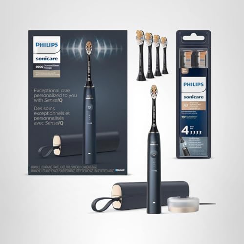 Philips Sonicare DiamondClean Prestige 9900 Rechargeable Electric Toothbrush with SenseIQ, 5 Premium All-in-One Brush Heads, Plaque Removal, Gum Care, Whitening, Midnight, BD9002AZ