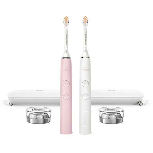 Philips Sonicare DiamondClean Connected Electric Toothbrush 2 Pack, x2 Sonic Toothbrushes, x2 Charging Travel Cases, x2 A3 Brush Heads, 12 Brushing Settings, (Pink and White), Model HX9912/72
