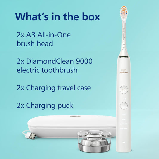 Philips Sonicare DiamondClean Connected Electric Toothbrush 2 Pack, x2 Sonic Toothbrushes, x2 Charging Travel Cases, x2 A3 Brush Heads, 12 Brushing Settings, (Pink and White), Model HX9912/72