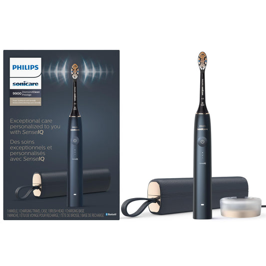 Philips Sonicare DiamondClean 9900 Prestige Electric Toothbrush - with SenseIQ Technology and Advanced AI App, 5 Brushing Modes, 3 Intensity Levels, Charging Travel Case,Midnight Blue, Model HX9990/12