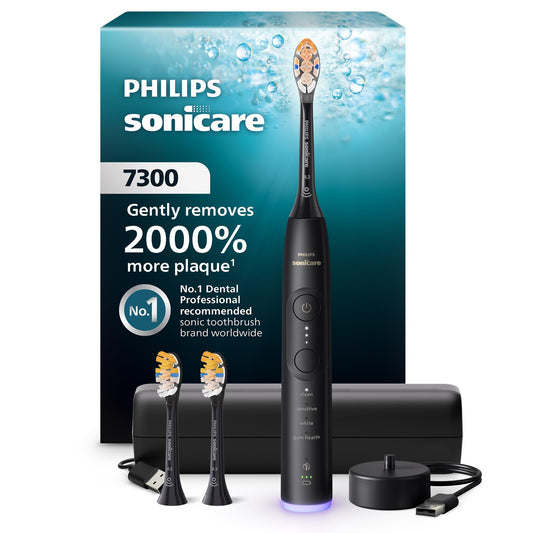 Philips Sonicare 7300 Series Electric Toothbrush - Next-Generation Sonicare Technology, Pressure Sensor, 12 Brushing Settings, SmarTimer, BrushPacer, 21-Day Runtime, Travel Case, Black, HX7421/07