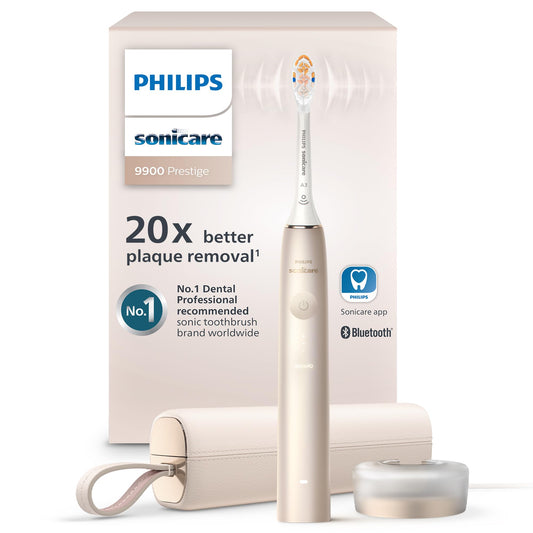 Philips Sonicare DiamondClean 9900 Prestige Electric Toothbrush - with SenseIQ Technology and Advanced AI App, 5 Brushing Modes, 3 Intensity Levels, Charging Travel Case, Champagne, HX9990/11