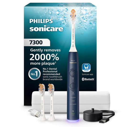 Philips Sonicare 7300 Series Electric Toothbrush - Next-Generation Sonicare Technology, Pressure Sensor, 12 Brushing Settings, SmarTimer, 21-Day Runtime, Travel Case, Navy Blue, HX7423/05