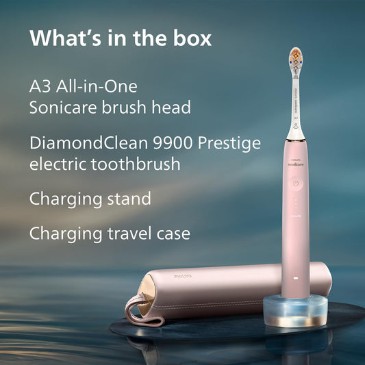 Philips Sonicare DiamondClean 9900 Prestige Electric Toothbrush - with SenseIQ Technology and Advanced AI App, 5 Brushing Modes, 3 Intensity Levels, Charging Travel Case, Pink, Model HX9990/13