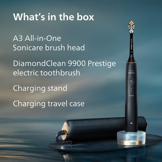 Philips Sonicare DiamondClean 9900 Prestige Electric Toothbrush - with SenseIQ Technology and Advanced AI App, 5 Brushing Modes, 3 Intensity Levels, Charging Travel Case,Midnight Blue, Model HX9990/12